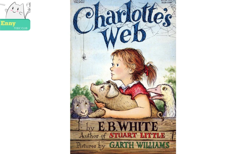 Bìa sách Charlotte's Web nguyên bản với hình ảnh chú lợn Wilbur và cô nhện Charlotte
