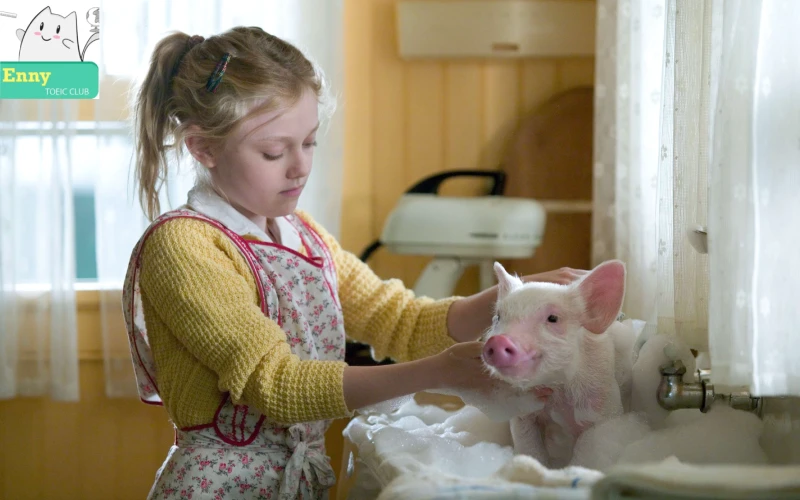 Cô bé Fern đang chăm sóc chú lợn con Wilbur